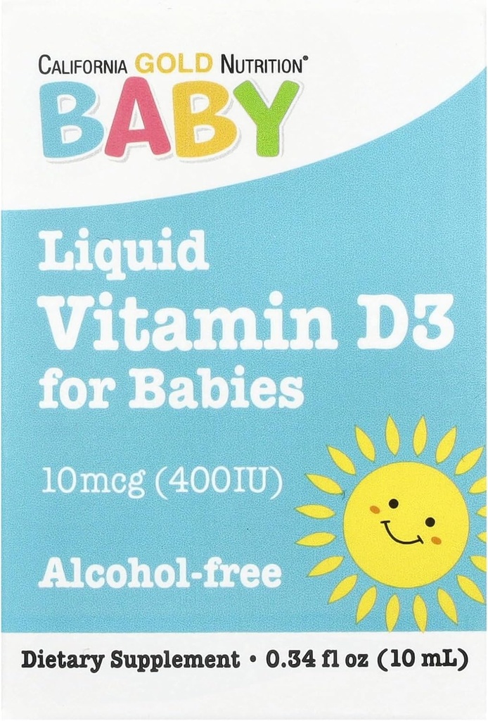 California Gold Nutrition Baby Vitamin D3 Liquid D3 Supplement for Babies, Vegetarian Friendly - Developmental Support - Alcohol & Gluten Free, Non-GMO - 10 mcg (400 IU) - 0.34 fl oz (10 ml)
