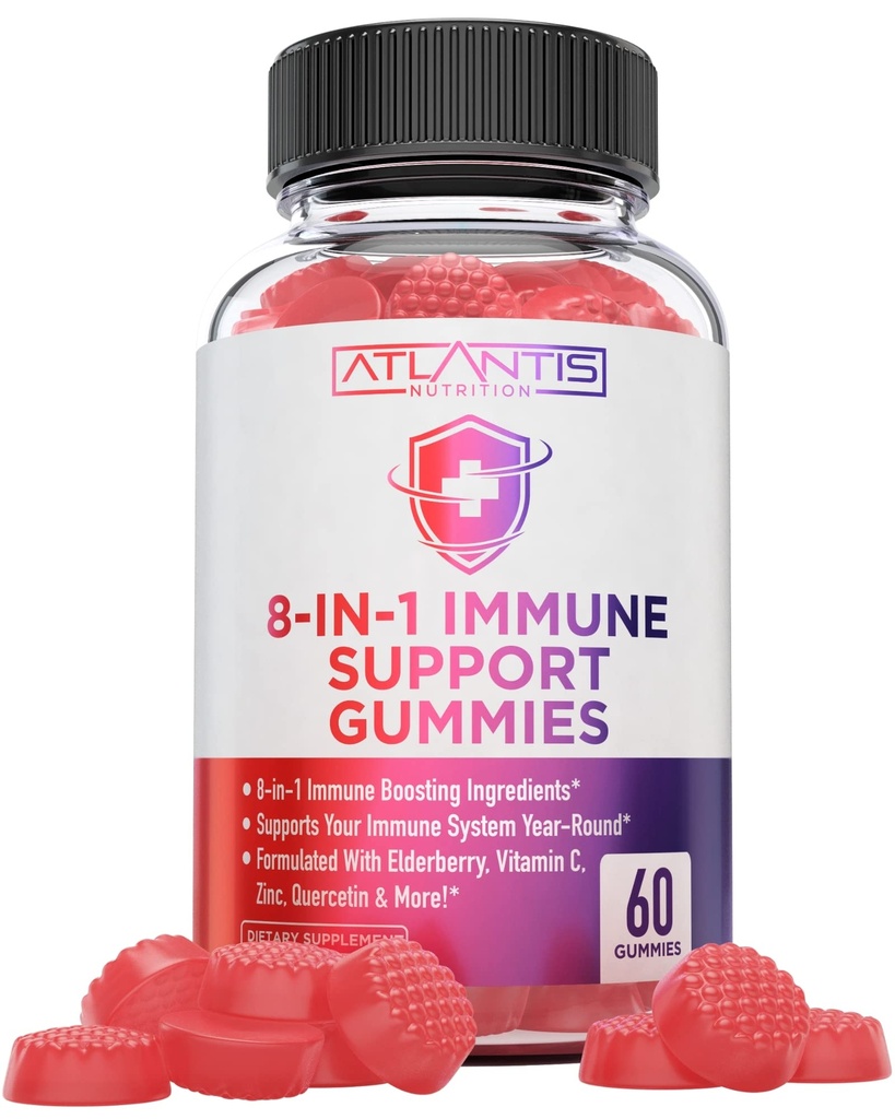 亚特兰蒂斯营养 8-in-1 Imuna 支持Gummys 与 长老莓 | Imuna 补充 与 长老莓 Quercetin , Zinc , 维生素 C - 成人和孩子豁免助推器 - 美味Favor - 60 Counter