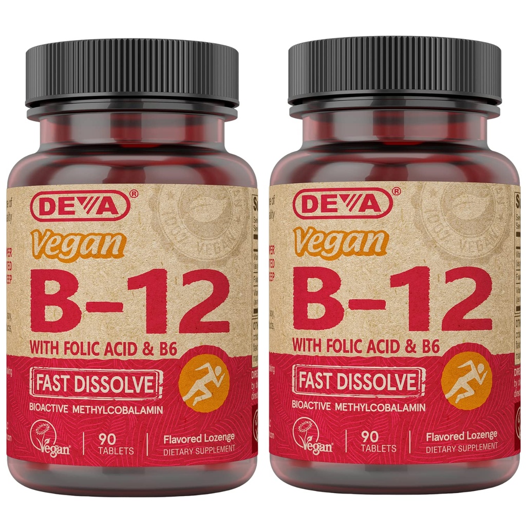 DEVA Vegan Vitamin B12 快速溶解补充 - 一次性综合体,配有1000Mcg Methicobalamin B12,Folic Acid, B6 - Lemon Flavor - 90 溶解片,2-Pack