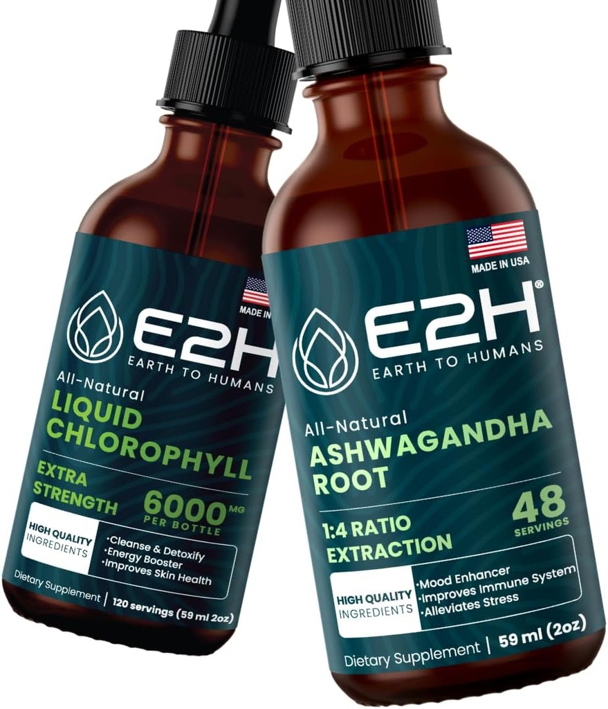 E2H:液态氯酚和Ashwagandha液滴 | Vegan,非GMO - 2 Fl Oz Each (共4 Fl Oz) - Bundle