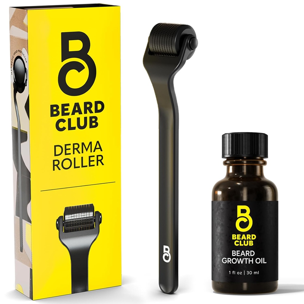 比尔德俱乐部 Derma Roller & Beard Growth Oil - 面部、体部和Scalp部540枚钛微量需求器的微量需求器 - 带桑达尔伍德 & 锡达熊油的Beard Roller