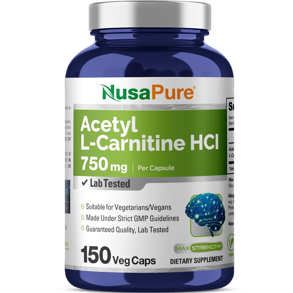 NusaPure Acetyl L-Carnitine 750mg 每顶150 Veggie Capsules(非GMO, Vegan) 高潜力乙酰L Carnitine HCL(ALCAR)