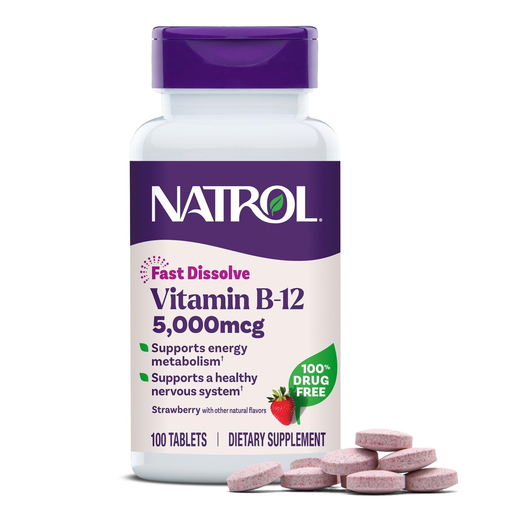 Natrol维生素B12 5000 mcg,快速溶解维生素B12 补充支持健康神经系统和能量代谢,100平板,最多100天的供应量