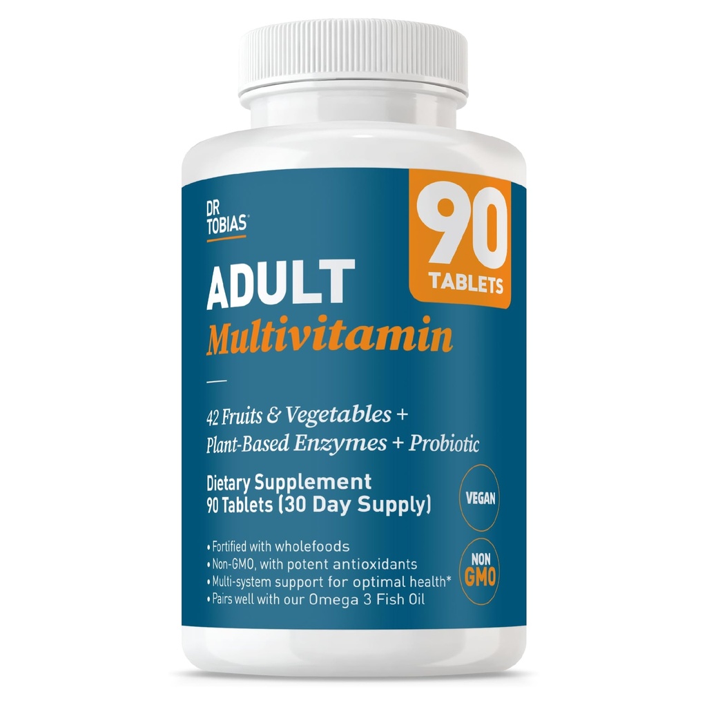 Tobias Dr. Tobias Dultivitamin for Men & Men, Imune 支持来自42种水果、蔬菜、加生素、Vegan 多维塔明的维生素,用于男子和妇女,非GMO,90片,30种服务