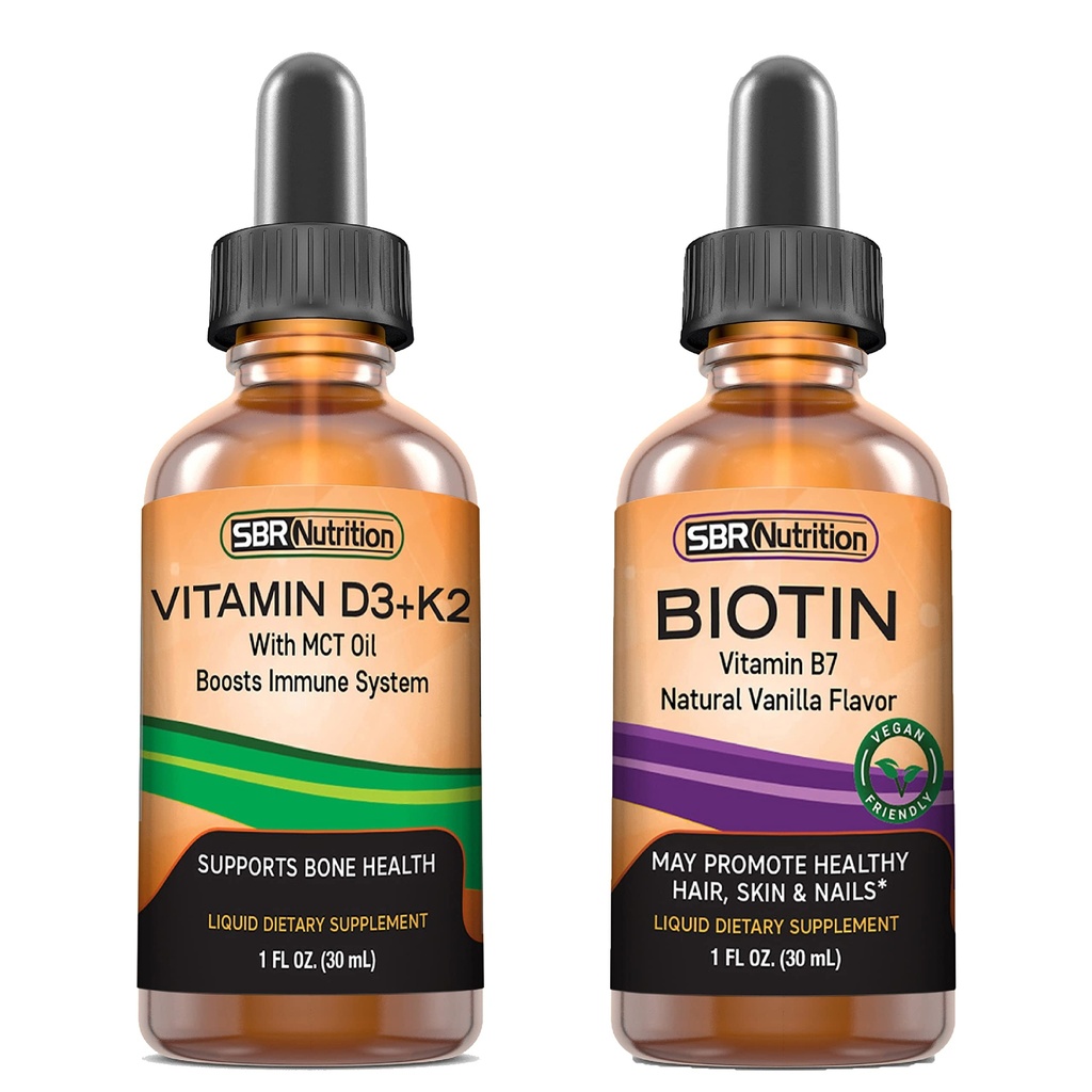 SBR 营养 D3+K2 和 Biotin Bundle 维生素 D3K2 (MK7) 液体滴, 辣椒薄荷, 1oz → Biotin 5000mcg 液体滴, Vanilla 2oz → 成人与儿童 → | 非GMO, Gluten Free