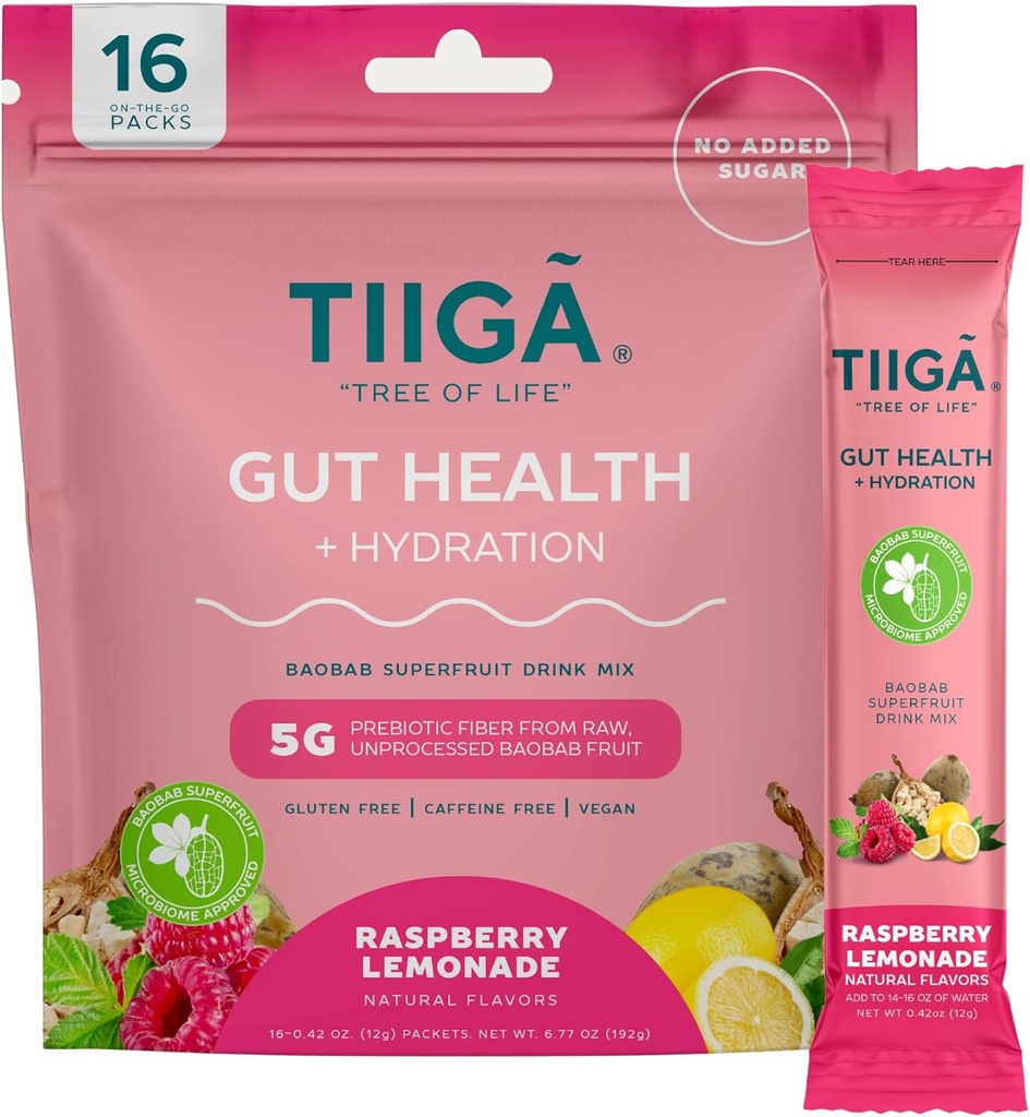 Tiiga Gut Health + 水分饮料混合剂 — 7g Baobab, 5g Prebiotic Fiber, Electrolytes, 无乳制品, Vegan, 无添加糖, 消化, 常规,和便秘 — 16种服务