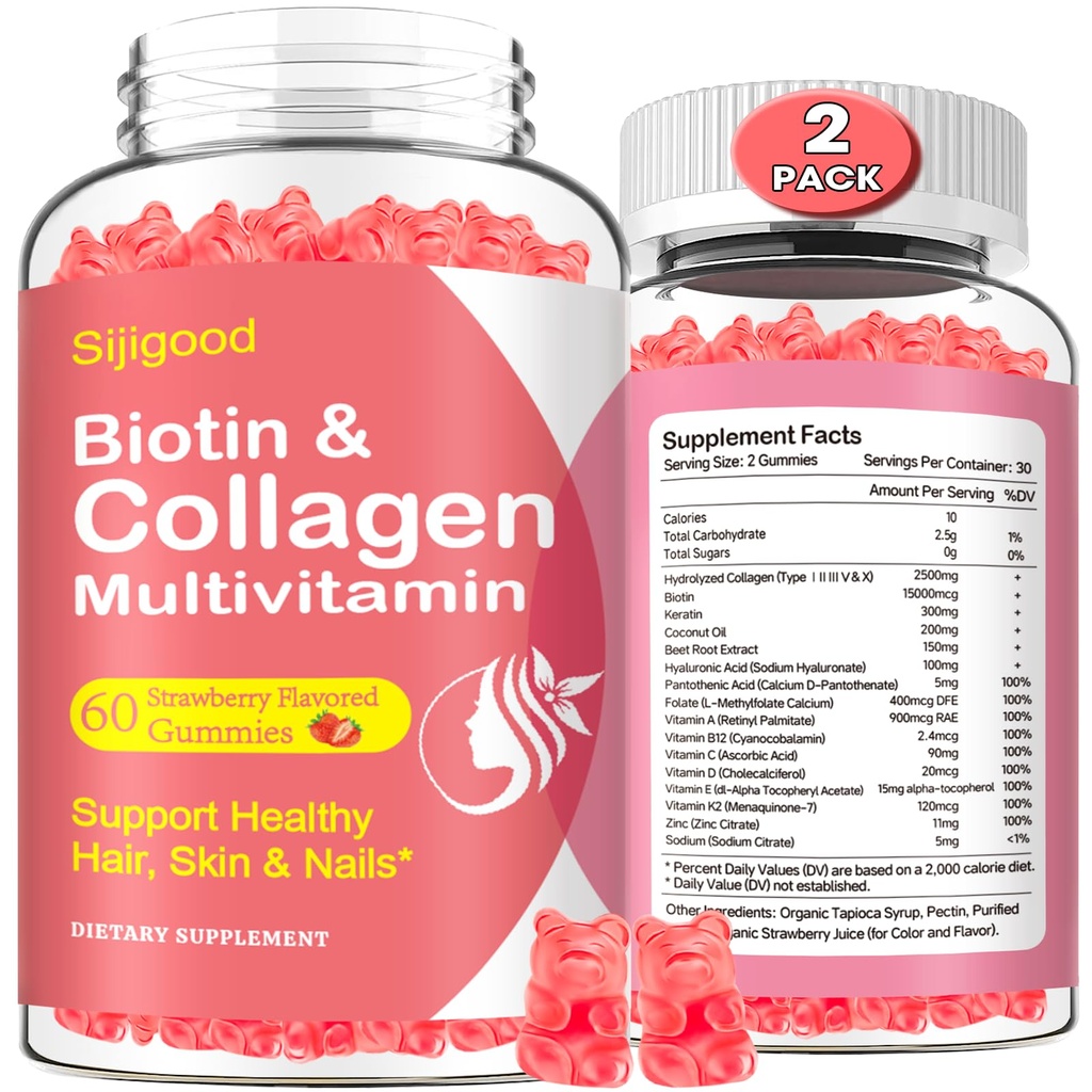 2 Pack Collagen Gummys for Men Men, 水解Collagen Peptides 第1,II,III,V,X类含Biotin & Hyaluronic酸,维生素C A D E B12 K2支持,无糖用于皮发钉豁免能源