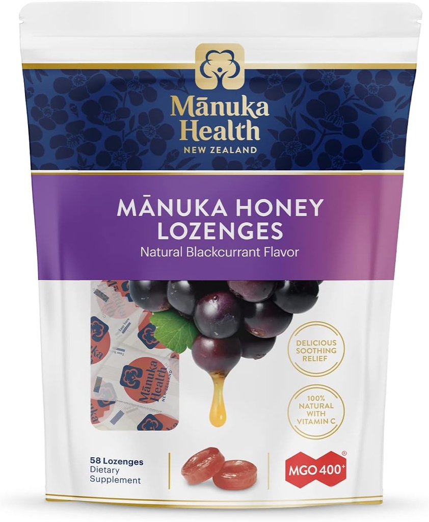 玛努卡健康 玛努卡蜜喉 Lozenges - Blackcurrant Flavored Lozenges, 58-Count - 用Raw Manuka蜂蜜和维生素C灌灌注的咳嗽滴 支持免疫