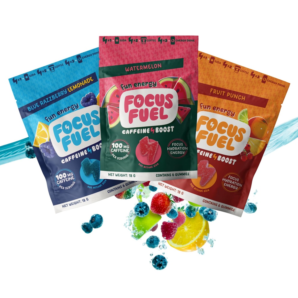 FocusFuel Energy Chews – 试玩大小 品种 包装(9 services) – 100mg Cafeine + Alpha GPC + L- Theanine + B12, 镁 – 蓝色拉兹贝里柠檬汁,西瓜,水果冲刺 – 无崩盘或Jiters