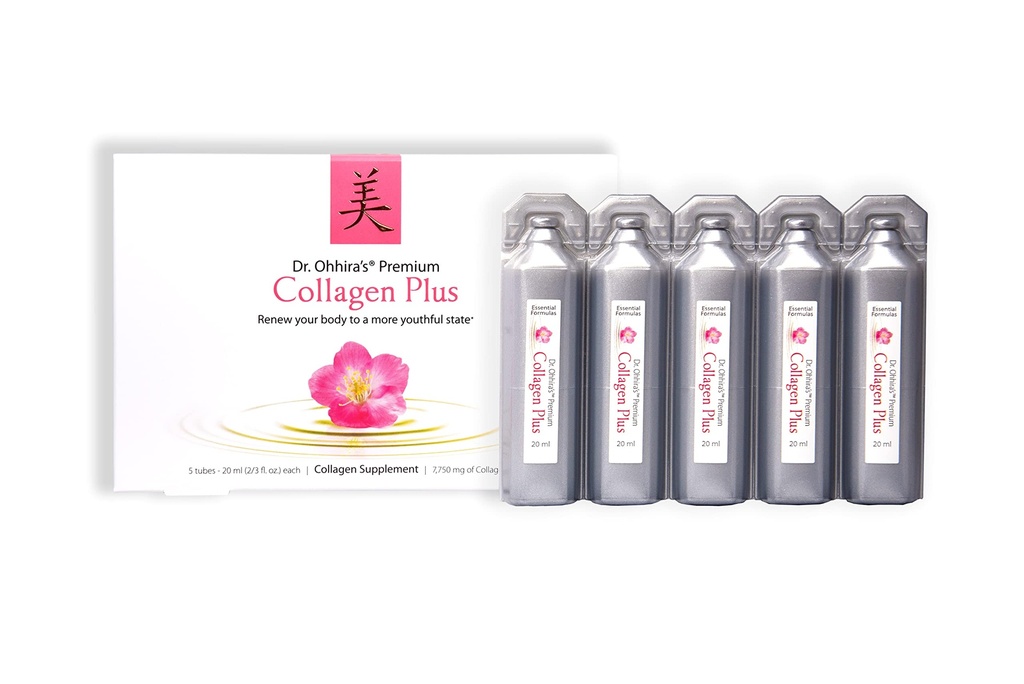 奥希拉博士的Premium Collagen Plus。 7 750 mg 的液体易混合Collagen补充剂,包括7 750 mg的海洋Collagen Peptides、+ Cherry Blossom 提取剂,以及5 Pack的植物亲生集中剂