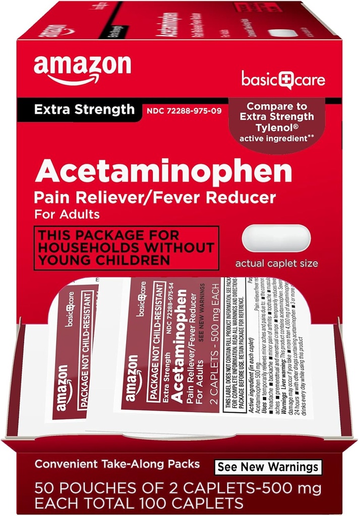 基本护理 -- -- 超强Acetaminophen Caplet 500毫克,100个计数(50个袋2个夹)