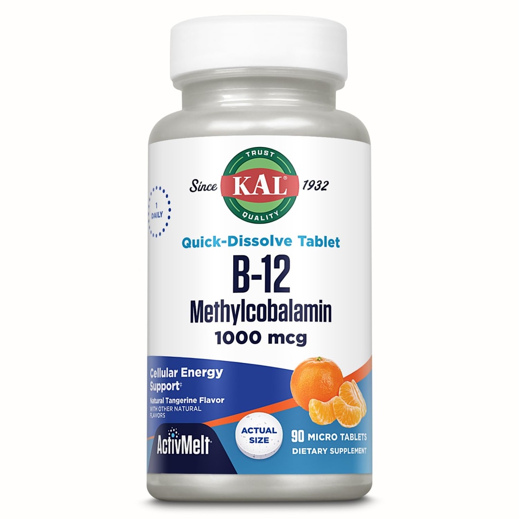 KAL维生素B12 甲基Cobalamin 1000mcg, 健康能源,代谢, Nerve 和红血球支持,* 快速溶解活性元件, 最佳吸收, 天然丹吉林火焰, 90个服务, 90个微标签