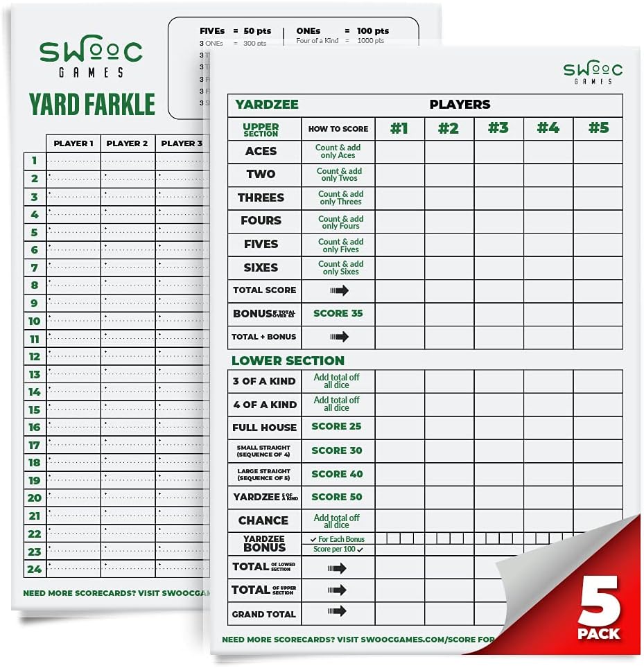 SWOOC Games QQ - 5 Big Premium Lamined Yardzee & Farkle 积分卡(11.5in x 8in) 配有规则 - 大型可重用干擦音垫用于巨型户外饮食
