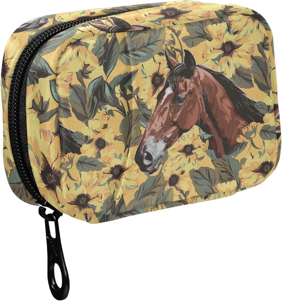Fustylead Hand Draw Horse and Yellow Flower Leavse Pill for Purse, 每周可移植药盒与Zipper一起储存维他命鱼油药品