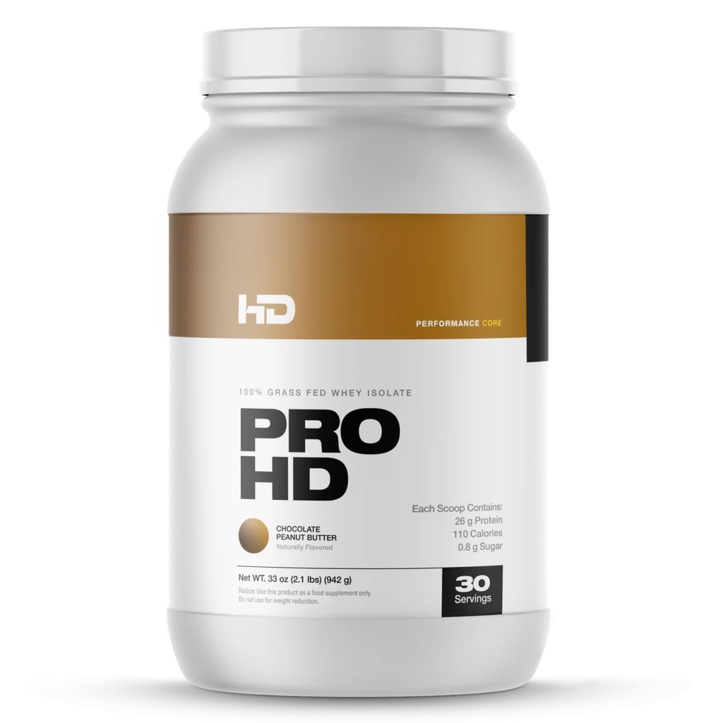 HD MUSCLE ProHD 蛋白质 100% Grass Fed Whey Isolate → 25g 蛋白质 114 Calories, 0g Fat → 零填充器或 氨基 Spiking → 30 services(焦油花生酱)