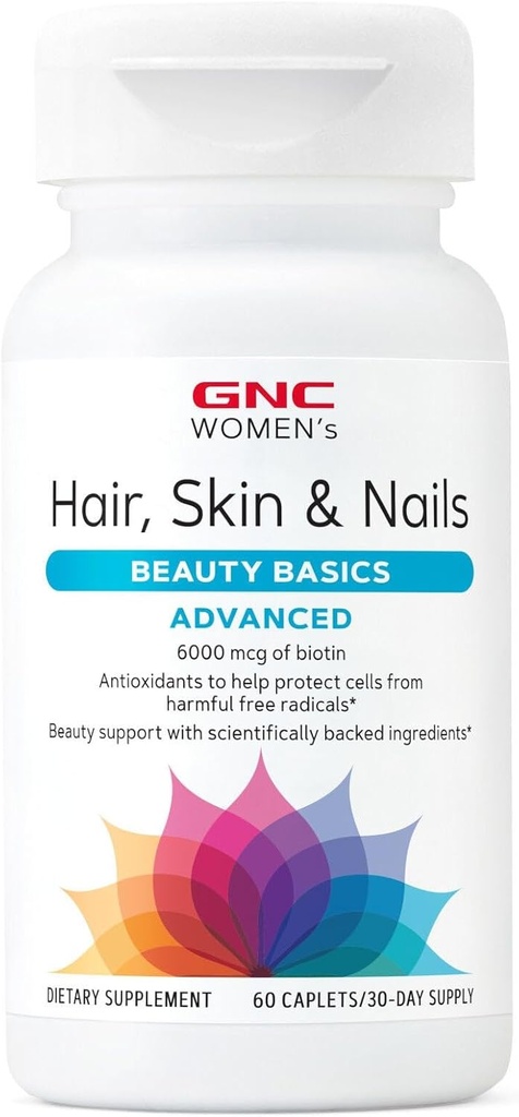 GNC 女性高级发型,皮肤和钉子日报 女性多维塔明混合剂,临床研究 美容支持 含有生物素,Hyaluronic Acid, Colagen, Lutein, 60 Caplets