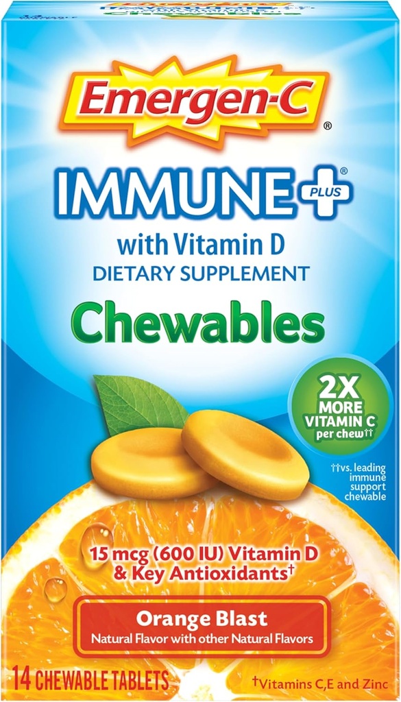 Emergen-C Imune + Chewables 1000mg 维生素C 平板电脑,配有维生素D,免疫辅助饮食豁免补充,橙爆裂火焰 - 14 Counter