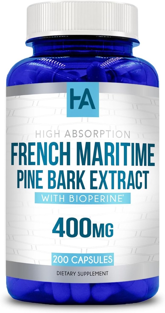 法国海洋松树 Bark 提取 Capsules | French Pine Bark 提取 与 BioPerine 进行增强吸收标准化到95% Proanthocyanidins | Vegan Non-GMO Soy Free (200 Capsules) 的生物松树提取补充