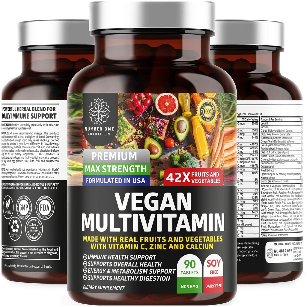 N1N Premium Plant 基于多种维他命 [42 强力成份] 男女日报 多维他命 配有 Raw Vegies 和 水果, Probiotics, Alfalfa, Echinacea, Spiruina 和 消化酶, 90片