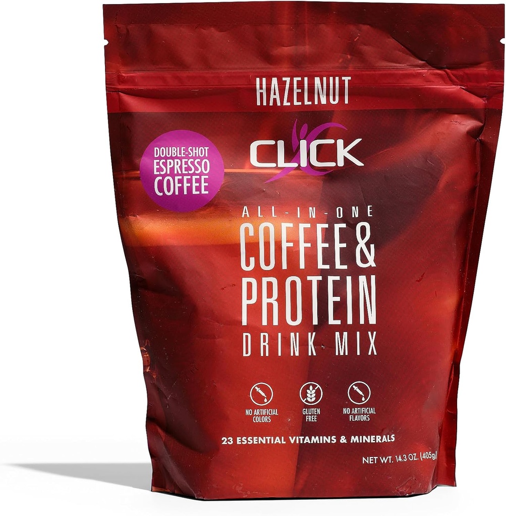 点击咖啡蛋白粉 双镜头 Espresso 16g 蛋白质 23 基本维生素 低卡路里食品替代 150mg 咖啡因 lu Gluten Free | 没有人工火焰或颜色 | Hazelnut