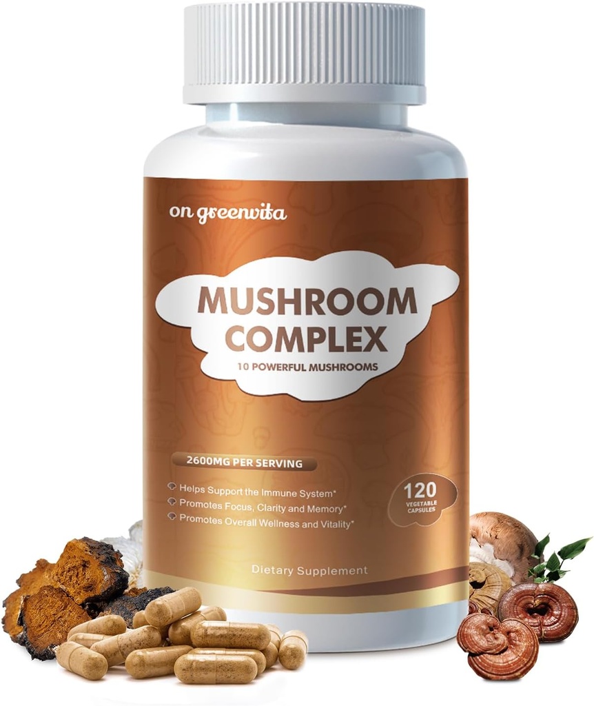 蘑菇综合症补充症2600mg,120 Capsules - 10 Musholes Blend - Reishi, Lions Mane, Cordyceps, Chaga, Turkey Tail, Maitake, Shitake, 牡蛎 Nootropic 综合症 - 大脑,能量,焦点药丸