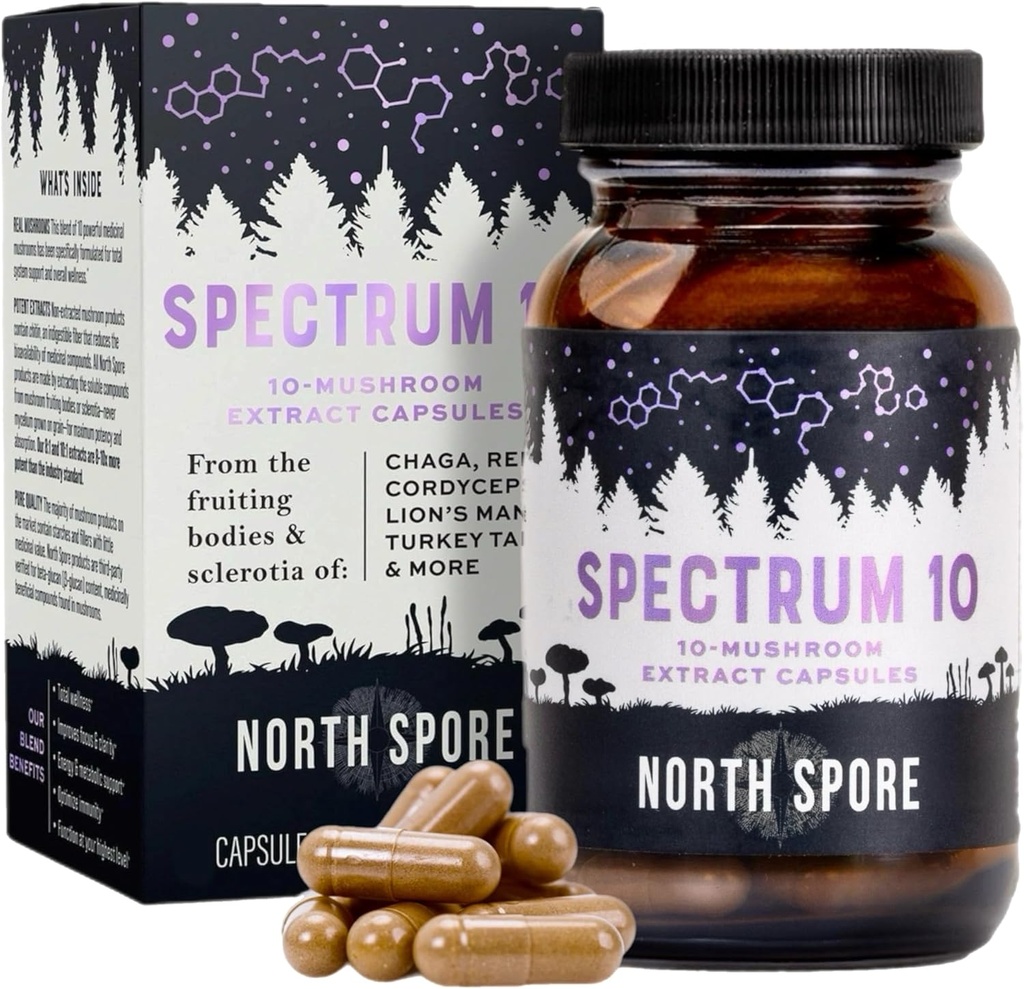 北Spore Organization 'Spectrum 10' 蘑菇提取 Capsules QQ 认知补充 狮子的玛内,查加,科迪塞普斯,雷希,土耳其的泰尔 10 美食蘑菇 能源,焦点,明亮 - 120 cm