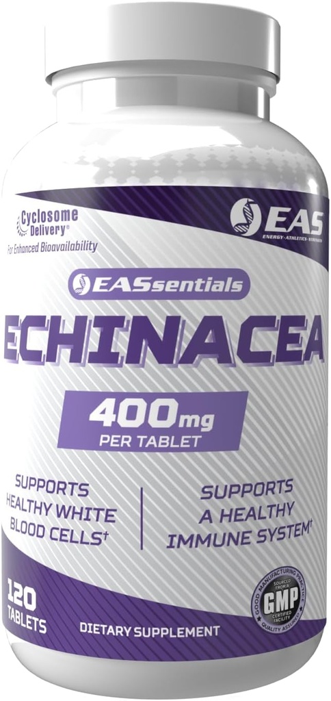 EAS 实验和应用科学 Echinacea 400mg → Tri Blend 配方 → Imune 和呼吸支持 → Gluten Free, 非 GMO → 更好的吸收 Cyclosome 交付 → 120 片