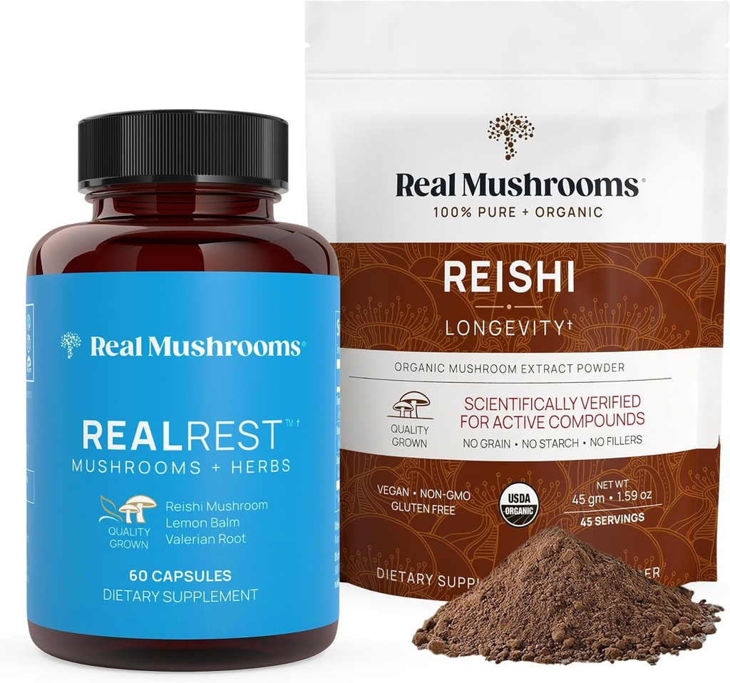真正的蘑菇 RealRest(60ct) Capsules and Reishi 蘑菇粉(45 services) Bundle - 蘑菇长寿补充,日常免疫支持,改善睡眠和放松 - Vegan, Non-GMO