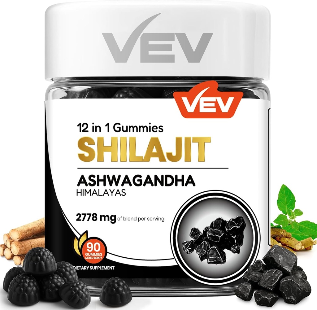 VEV Shilajit Gummies for Men & Women | 1000mg Shilajit & Ashwagandha Gummies with Sea Moss & L-Theanine for Energy, Vitality & Stress Balance | Vegan, No Added Sugar | 90 Count for Daily Wellness