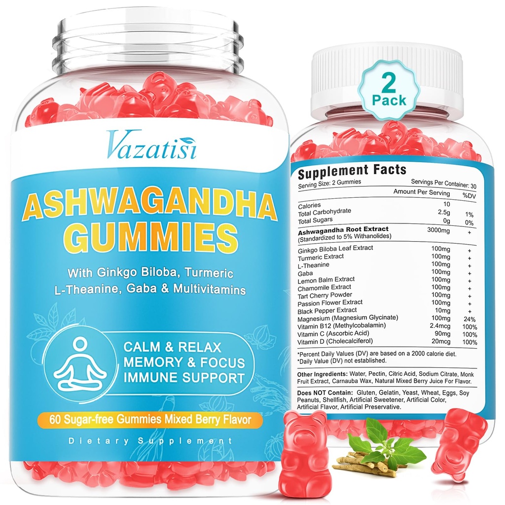 2 Pack Ashwagandha Gummys配有涡轮GABA Mood Energy and Immune Support,混合贝里Flavor 120 Cts
