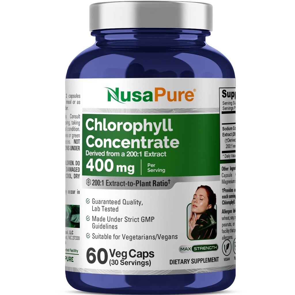 NusaPure Chlorophyll 200:1 提取物,400 mg 等效于80,000mg 60 Veggie Caps(每服一次,平均80,000mg,非GMO,Vegan) 钠 氯化phy