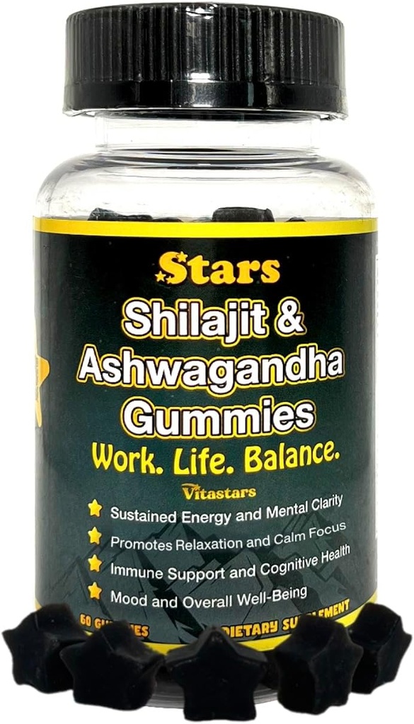 Shilajit Ashwagandha Gummys - 纯 Shilajit Resin 免疫辅助 Resin - 组织 Ashwagandha Gummy 压力、能源与健康, 60 天然恒星形状 Gummys