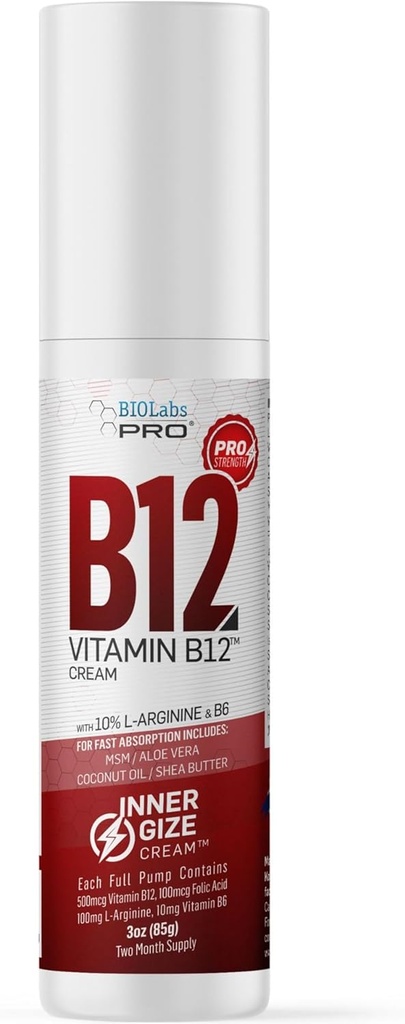 BIOLABS PRO INNERGIZE B12 奶油 - 所有自然主题 B12 w/B6 & 10% L-Arginine - 高级神经学和预研支持 - 专业级 甲基 B12 - B6
