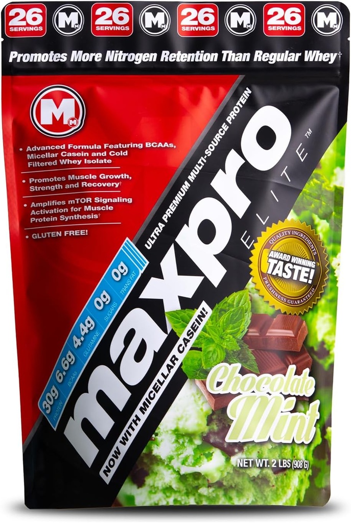 马克斯肌肉 Maxpro Elite → 30g 蛋白质 → 6.6g BCAAs → Micellar casein 冷过滤 Whei 孤立蛋白 聚焦 → 推动肌肉生长,强力和复苏 (Chocolat Mint, 2lb)