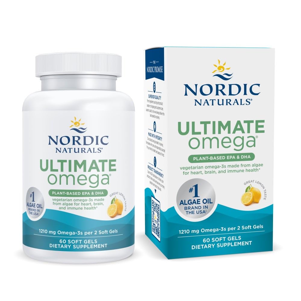 北欧自然植物基地 终极奥米加 柠檬火焰 - 60 蔬菜软宝石 - 1210 mg Omega-3 - Vegan EPA和DHA - 由藻类制成的补充 - 大脑和心脏支持 - 非GMO - 30 服务