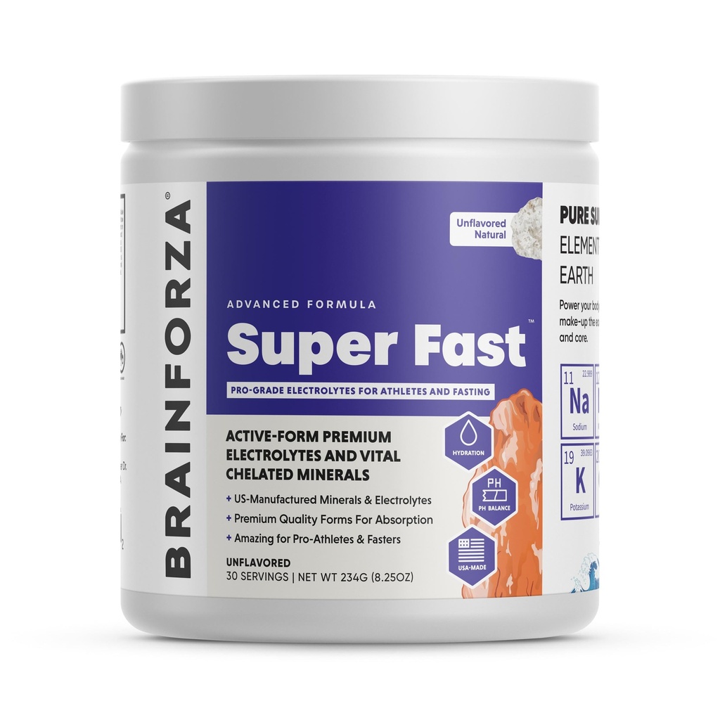 Brain Forza Super Fast Keto Electrolytes for Fasting - Premium Electrolytes, No Sugar or Flavoring w/Potassium, Sodium, Magnesium, Calcium, Zinc, Pink Himalayan Salt, (30srv, Unflavored)
