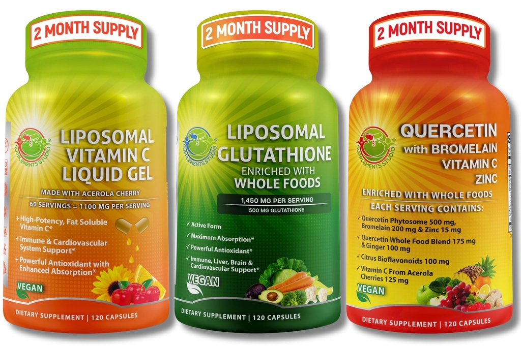 Liposomal维生素C 1100mg 液态Gel Capsules - 与 Liposomal Glutathione 500mg 补充剂捆绑在一起,抗氧化剂和解毒剂与奎尔西丁与溴化维生素C和锌