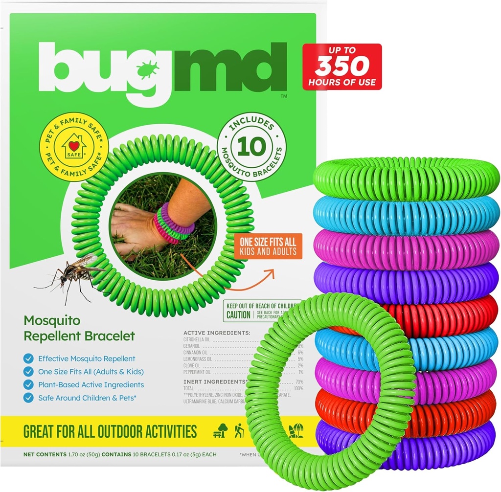 BugMD 10 Pack Mosquito Bracelets, 成人和儿童的DEET-无水带, 露营、徒步、海滩、旅行和户外基本知识的自然和防水的Citronella 腕带
