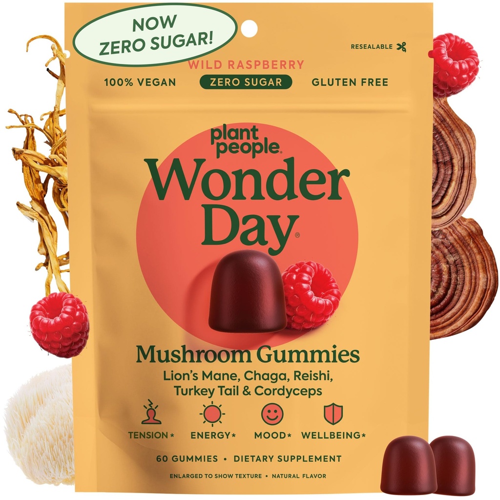 (原始内容存档于2018-09-26) (中文(简体) ). Plant People WonderDay 蘑菇Gummys - Lion's Mane, Cordyceps, Chaga 蘑菇补充品 支持免疫系统 De-Stress Boost Mood & Energy in Adults Naturals, Vegan, Non-GMO (60 Counter)