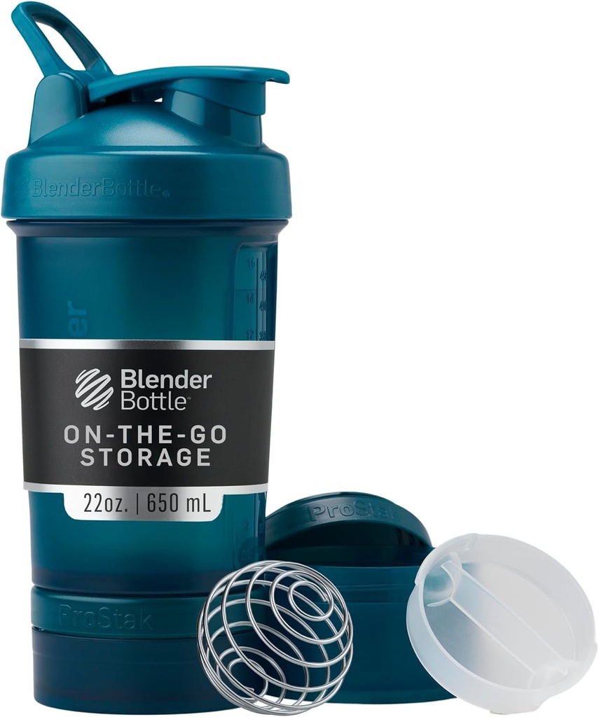 BlenderBottle Shaker 瓶装药丸组织器和蛋白粉存储器,经典V2 ProStak系统,22-Ounce,海洋蓝