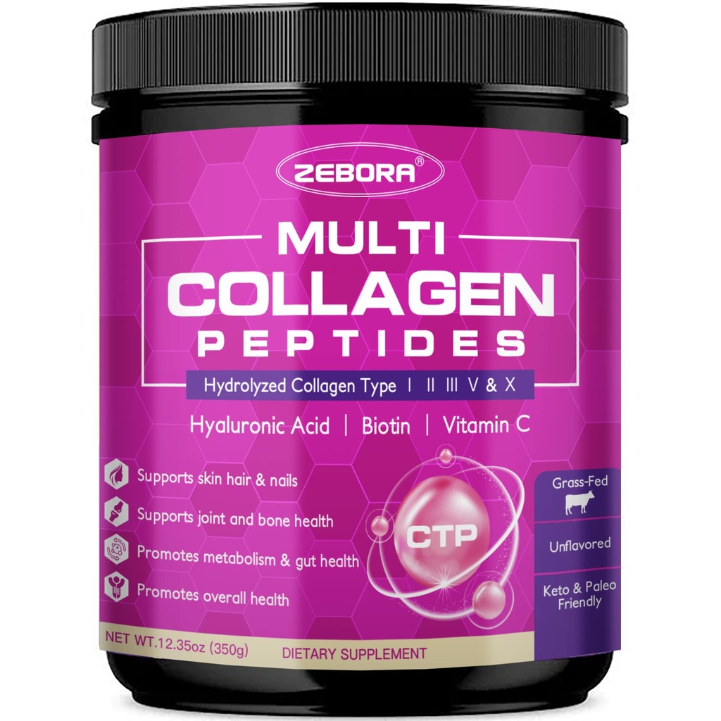 ZEBORA 多科拉根佩普提斯粉 - Hydrolyd Collagen type I II III V X 配Hyaluronic Acid, Biotin, Vitamin C - 支持皮毛直肠关节,非GMO, 不受欢迎, Keto 友好