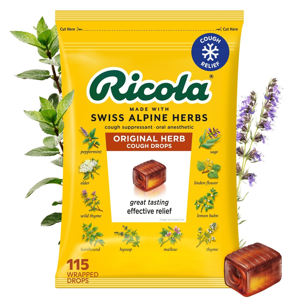 Ricola 原草咳嗽滴液 115 计数 咳嗽抑制和喉咙解脱 与自然源头 Menthol, 欢呼草药味 咳嗽和喉咙刺激症状解脱