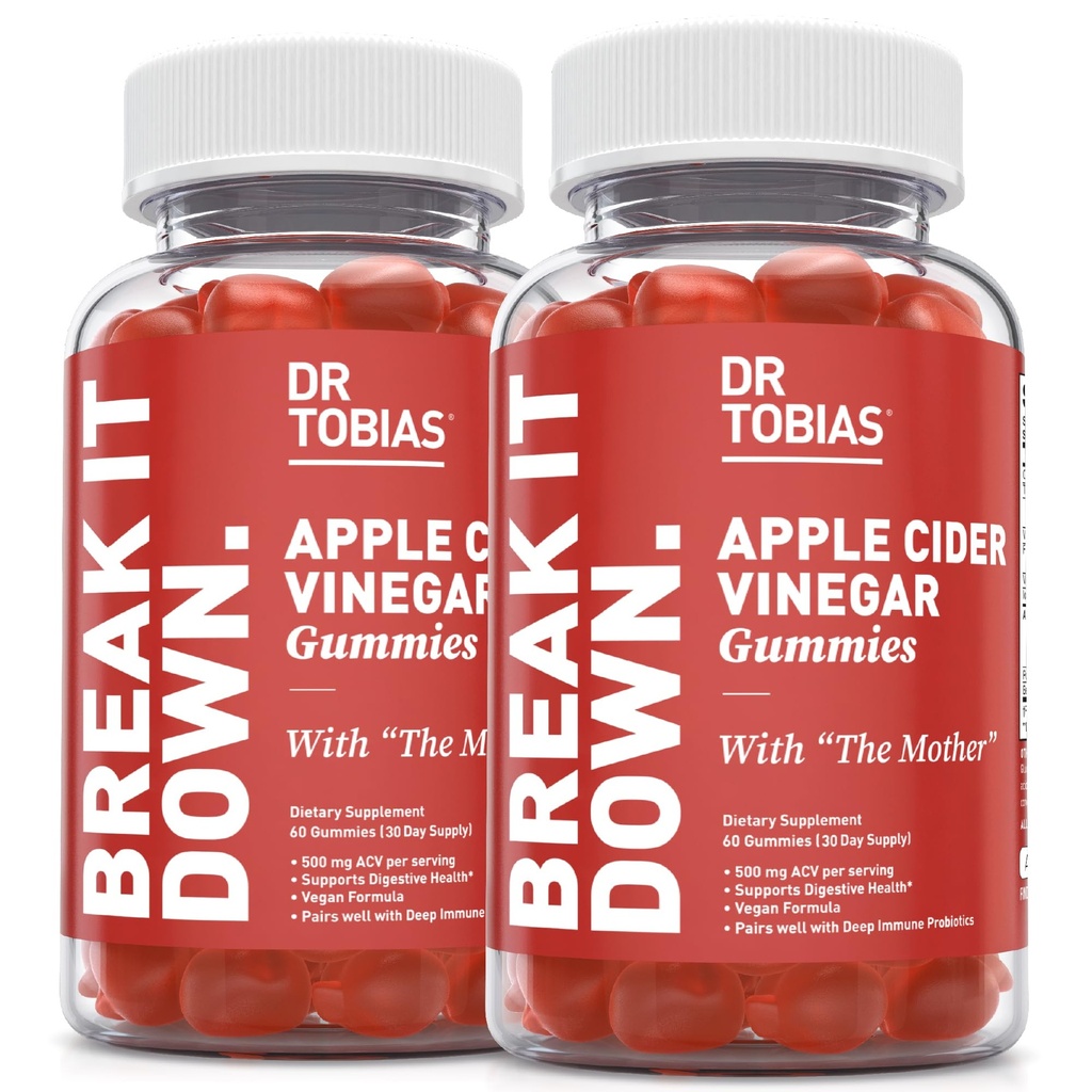 Tobias Apple Cider Vinegar Gummys博士与《母亲》,每期500mgACV, Plus Folate, B6, B12 & Iodine, 支持消化健康, Gut Cleanse & Detox, Vegan, 120 Gummys