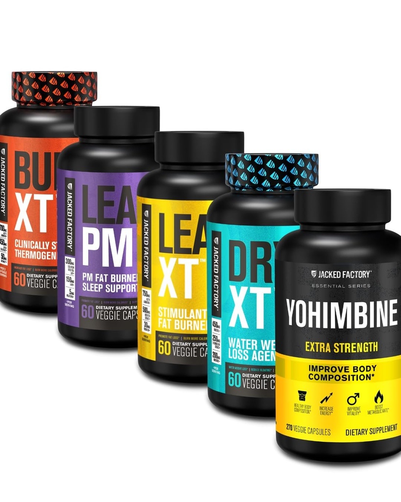 Jacked Factory Thermogenic Fat Burner体重损失补充剂 - Burn-XT 热能和Lean PM 夜间体重损失睡眠援助 - Lean-XT Cafeine - Free Fat Burner, Yohimbine Capsules, Dry XT 二尿素