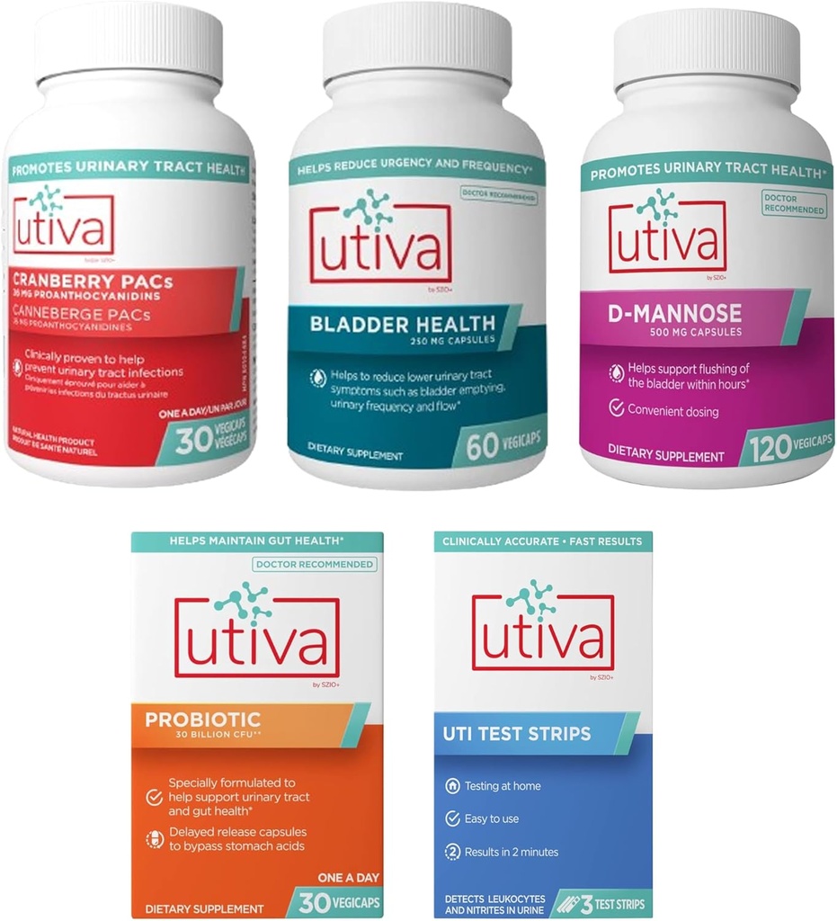 15% Bundle Utiva Cranberry PACs 30 Vegi Capsules + Utiva Bladder 健康 60 Capsules + Utiva D-Mannose 500mg + Utiva 30 延迟释放 Vegi Capsules + Utiva UTI 测试条