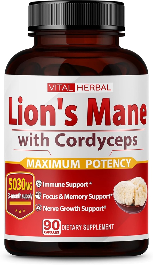 VITAL HERBAL 狮子马恩蘑菇与Cordyceps Capsules 等效至5030mg - 最大概率 L- Theanine Ashwagandha Brain 用于聚焦记忆能量Mood 支持90天供应