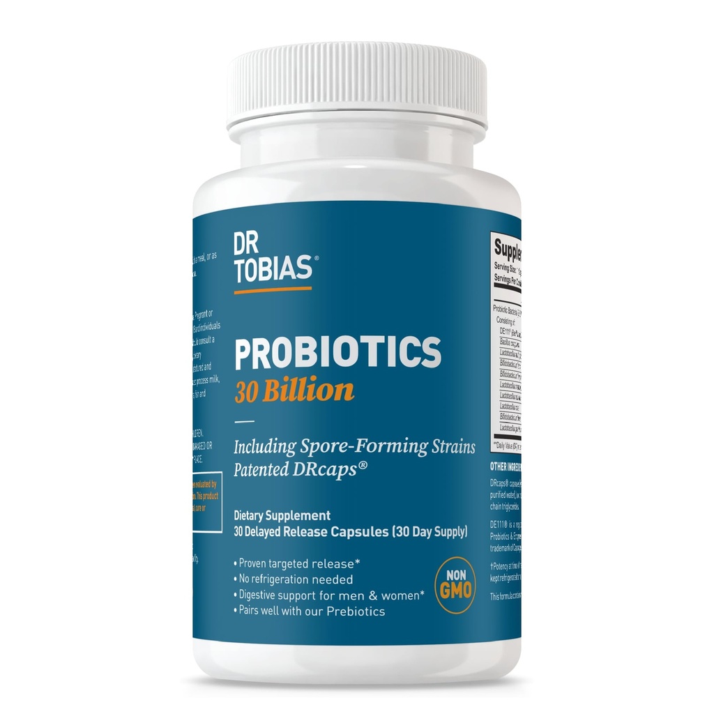 Tobias Probiotics博士 30亿、10 Strains、30亿CFU、针对妇女和男子的释放Probiotics、支持消化性健康、大陆架稳定、非GMO、30个Capsules、30个服务