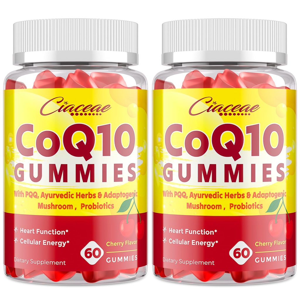 CoQ10 Gummys与PQQ-400 MG Coenzyme Q10 高潜力,与Ayurvedic Herbs,适应性蘑菇混合剂和心脏,脑,能量,豁免,樱桃火焰,120 Vegan Gummys 增强
