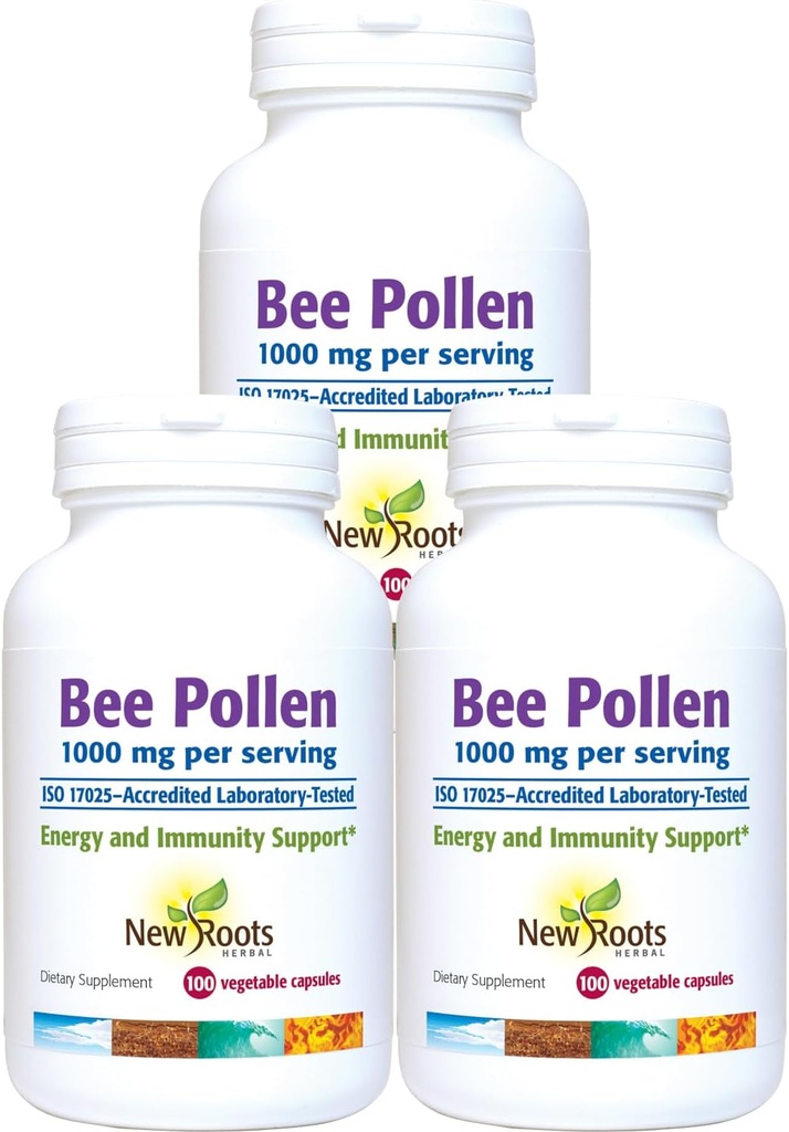 新ROOTS HERBAL BEE Pollen CAPSULES 1000mg – 所有天然BEE Pollen 补充品(100 count x 3) 富含矿物,维生素和抗氧化剂支持和BE 维基氨基酸