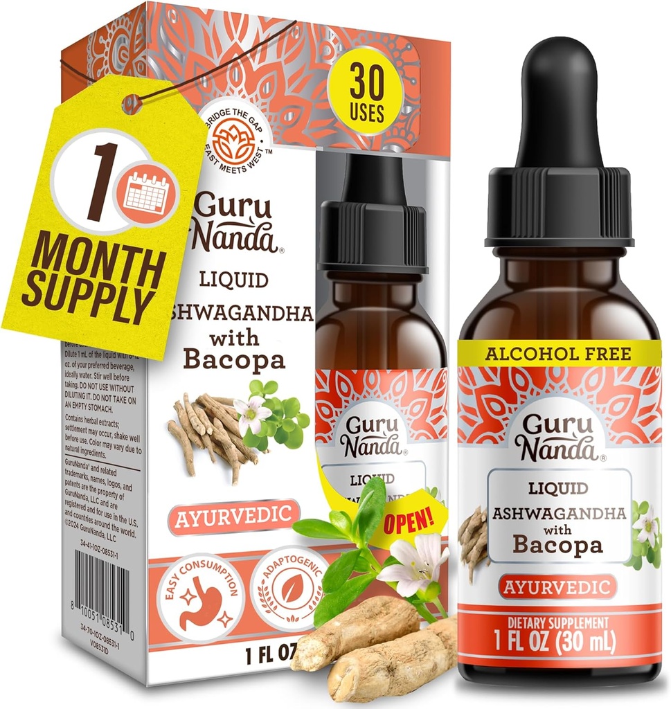 GuruNanda Liquid Ashwagandha with Bacopa (1 Fl Oz) - 自然饮食补充剂 - 液体提取剂 - 用于男女 - Vegan & 无酒精 - 伊穆内艾滋病、焦点和放松支持